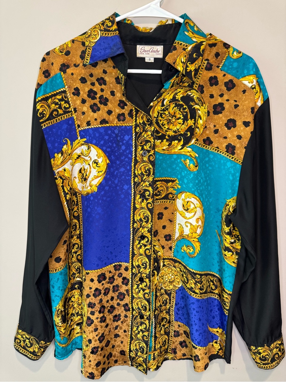 VTG San Andre Baroque Chain Print Womens Blouse Size 8 Versace Style Vintage